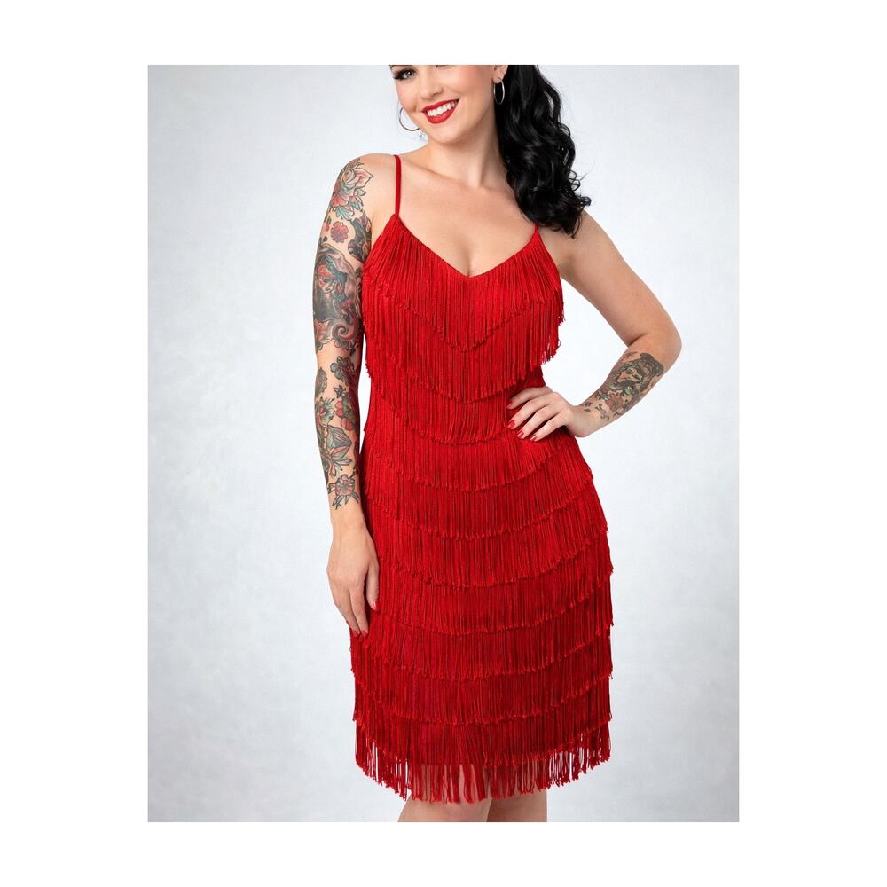 Vintage 60's Cherry Red Fringe Midi Cocktail Dress‎ Rockabilly Pin-up VLV Glam
